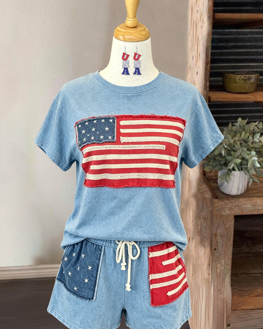 Flag Embroidered Shorts Set