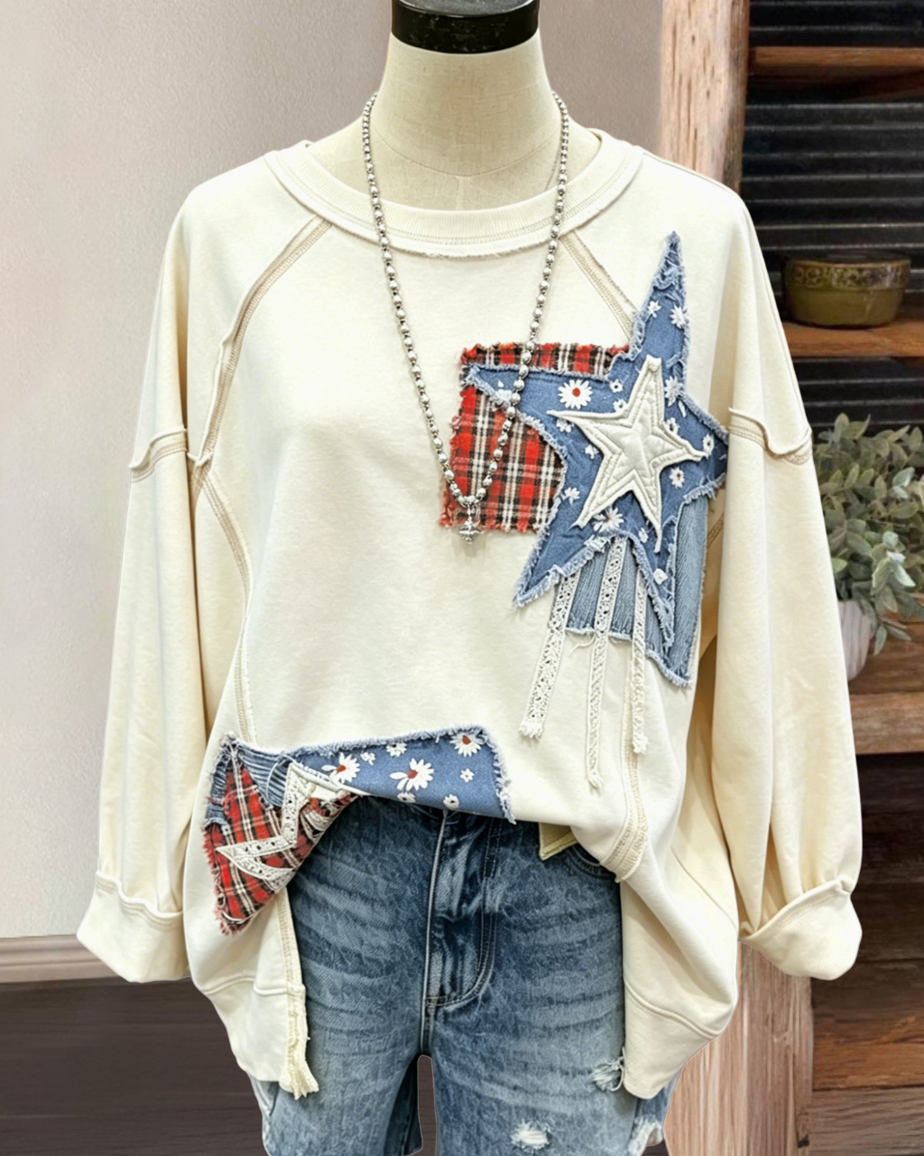 Star Denim Patch Embroidered Sweatshirt