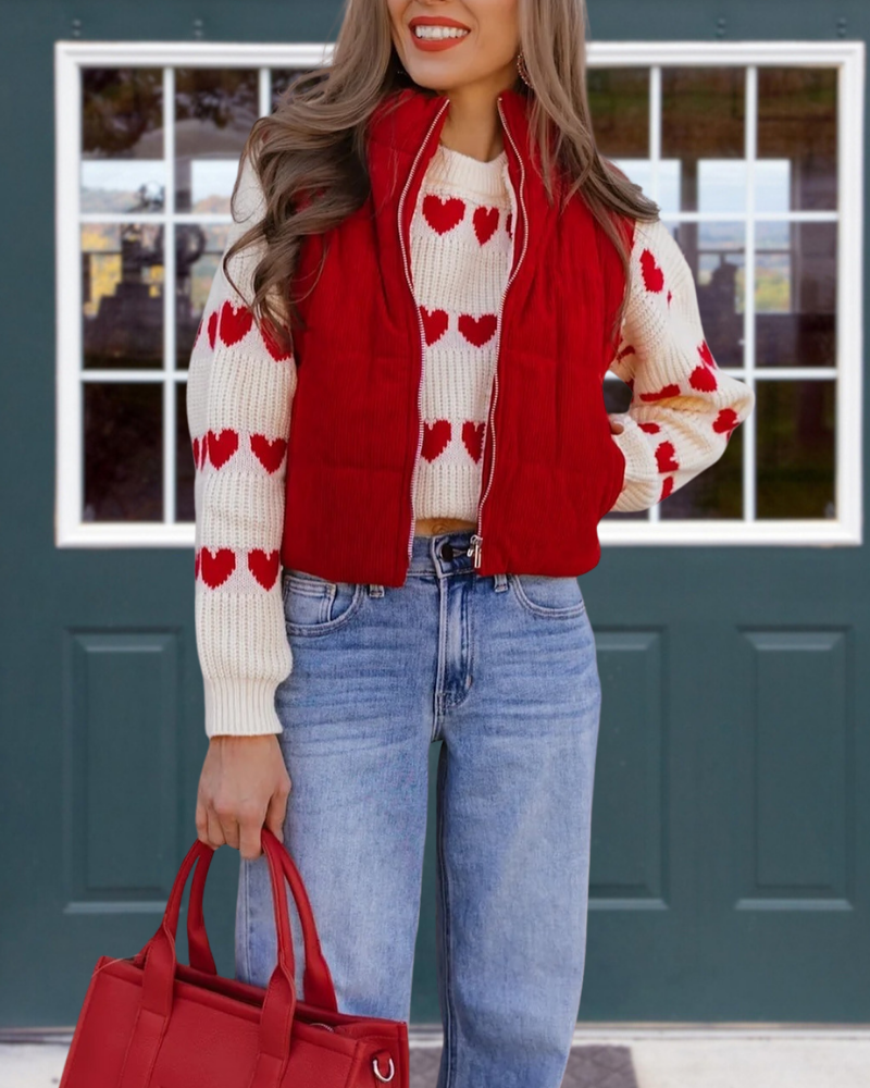 Heart-Shaped Ribbed Crewneck Sweater