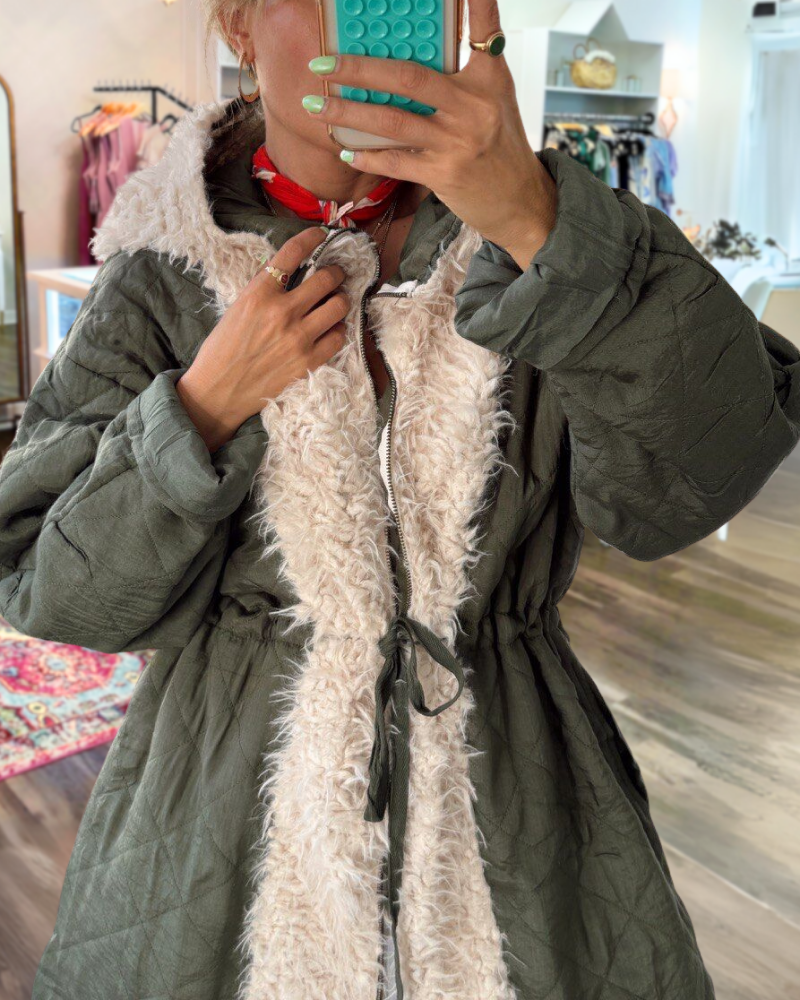 Quilted Fur Collar Hooded Coat