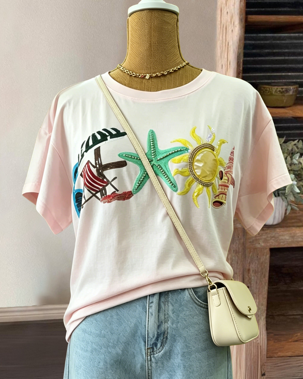 Beach-themed Embroidered Tee