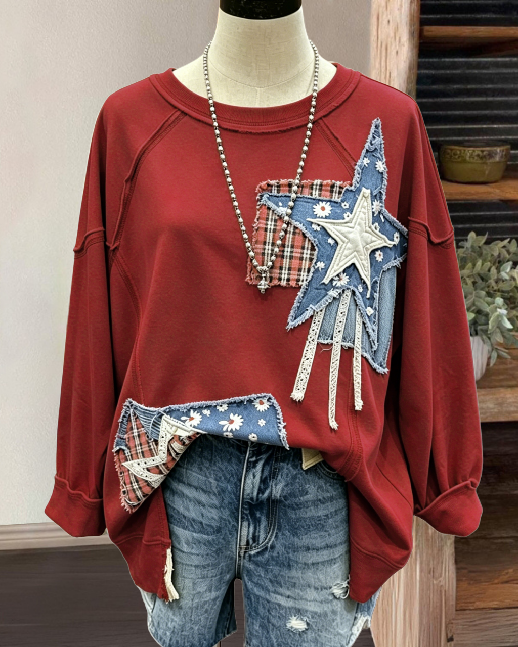 Star Denim Patch Embroidered Sweatshirt