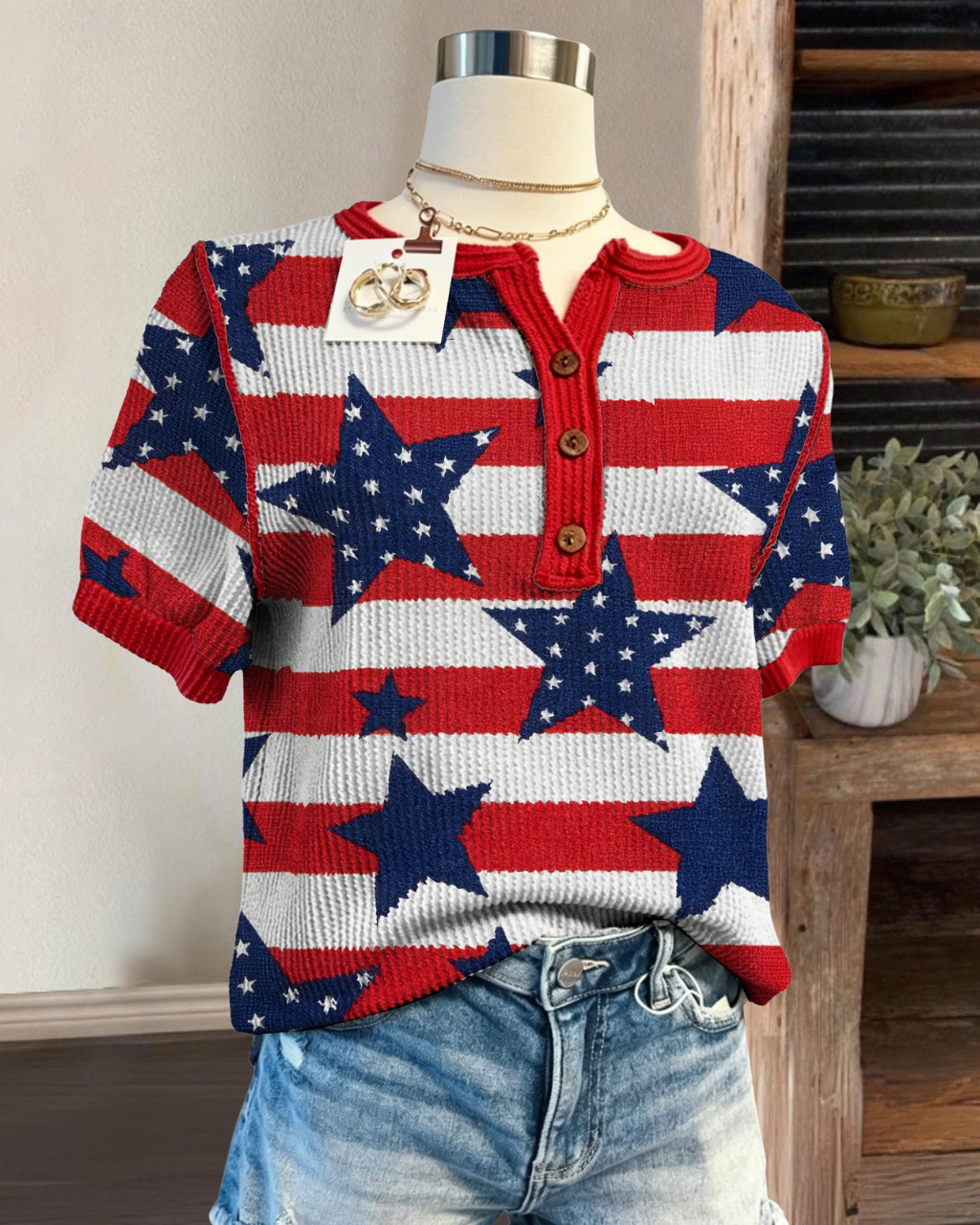 Flag Star Striped Ribbed Top