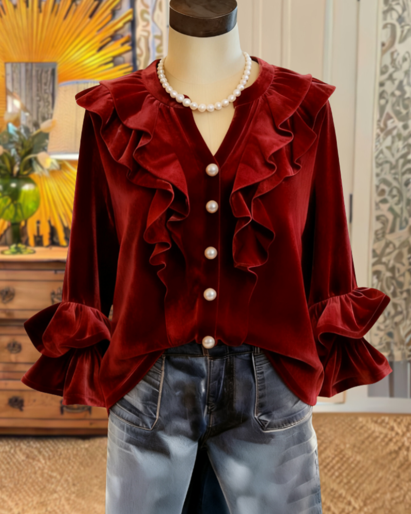 Chic Velvet Ruffled V-Neck Blouse