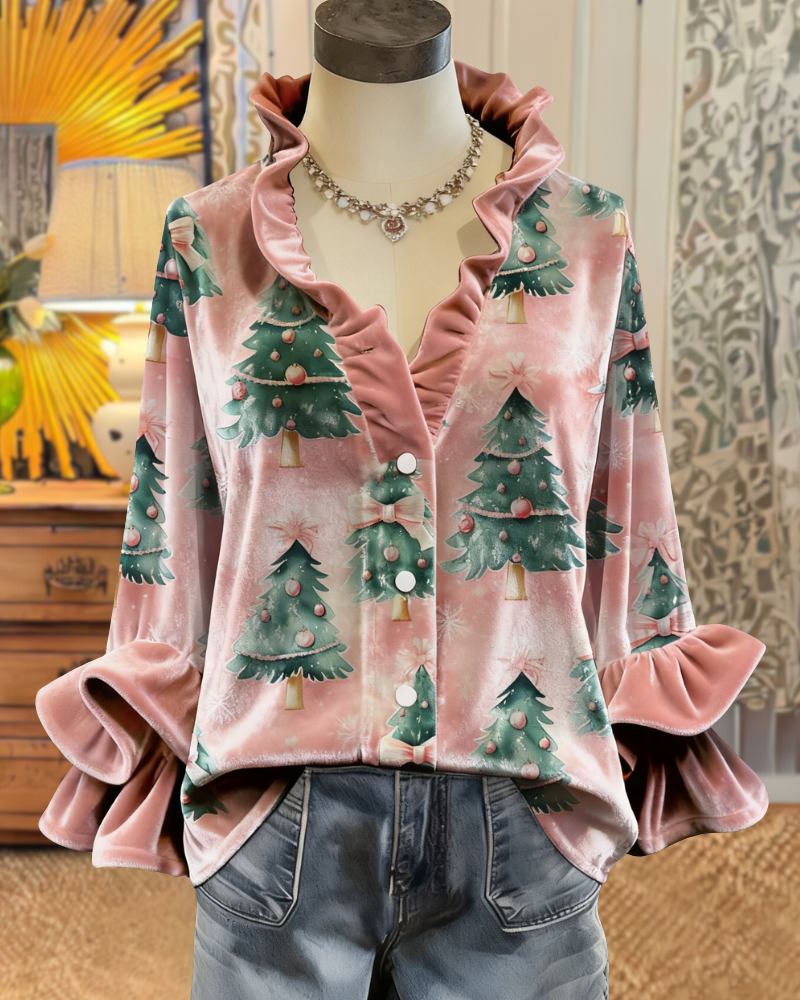 Christmas Tree Ruffle Velvet Blouse