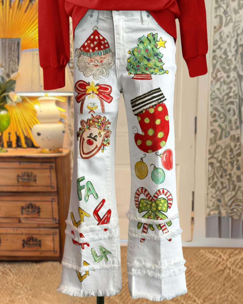 Mixed Christmas Frayed Trim Pants