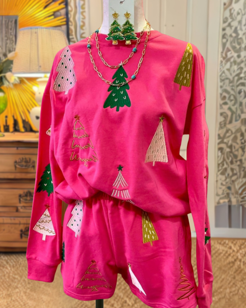 Christmas Tree Embroidered Shorts Set