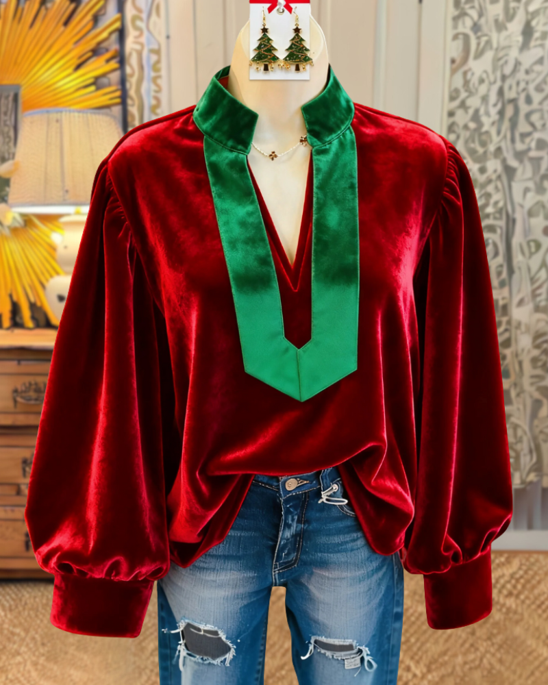 Color-blocked V-neck Velvet Top
