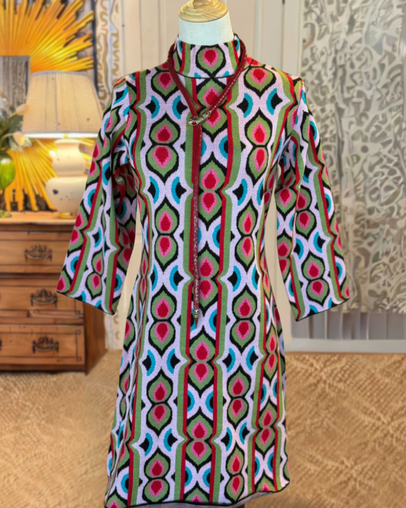 Geometric High-Neck Knit Dress
