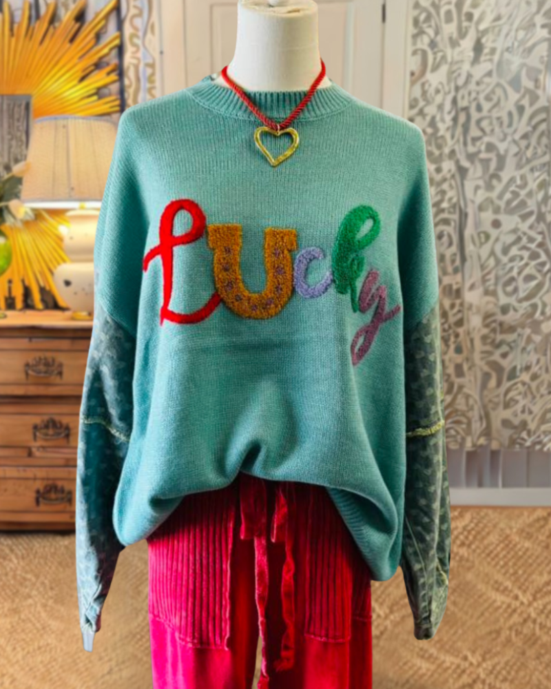 Chic Lucky Embroidered Denim Sweater