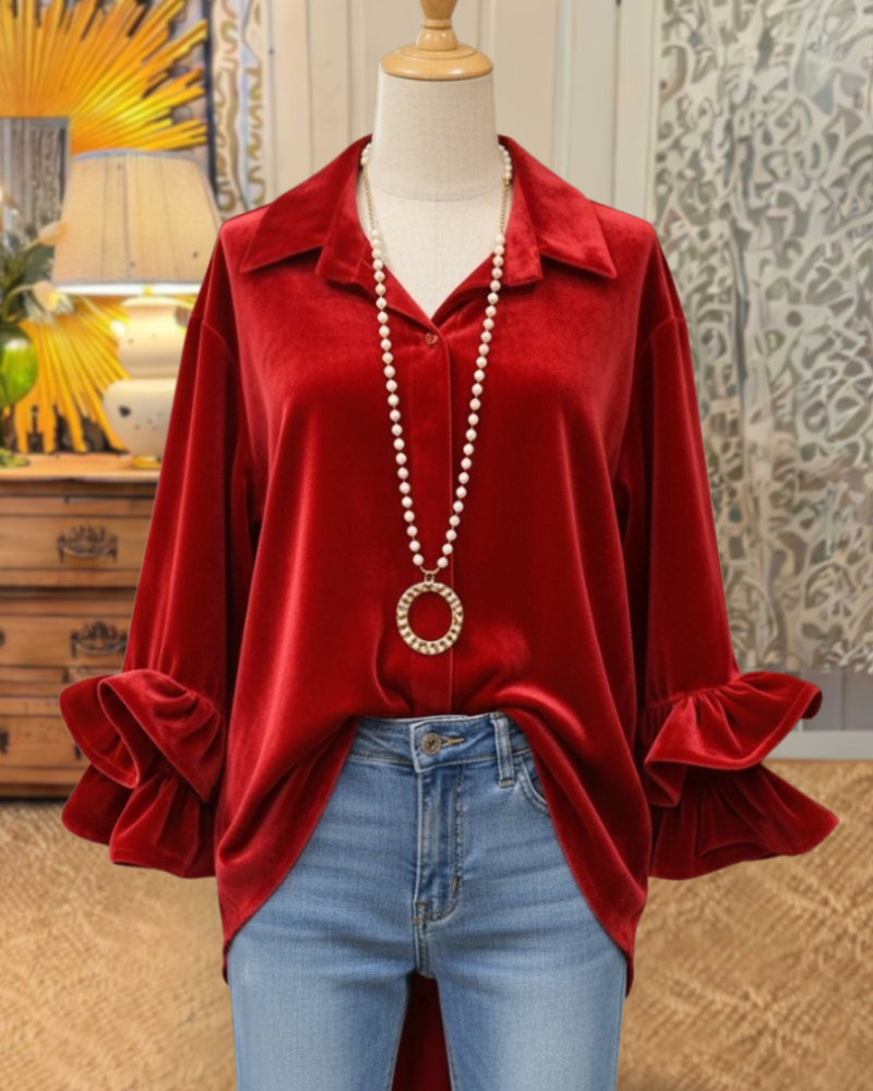 Elegant Ruffled Velvet Blouse