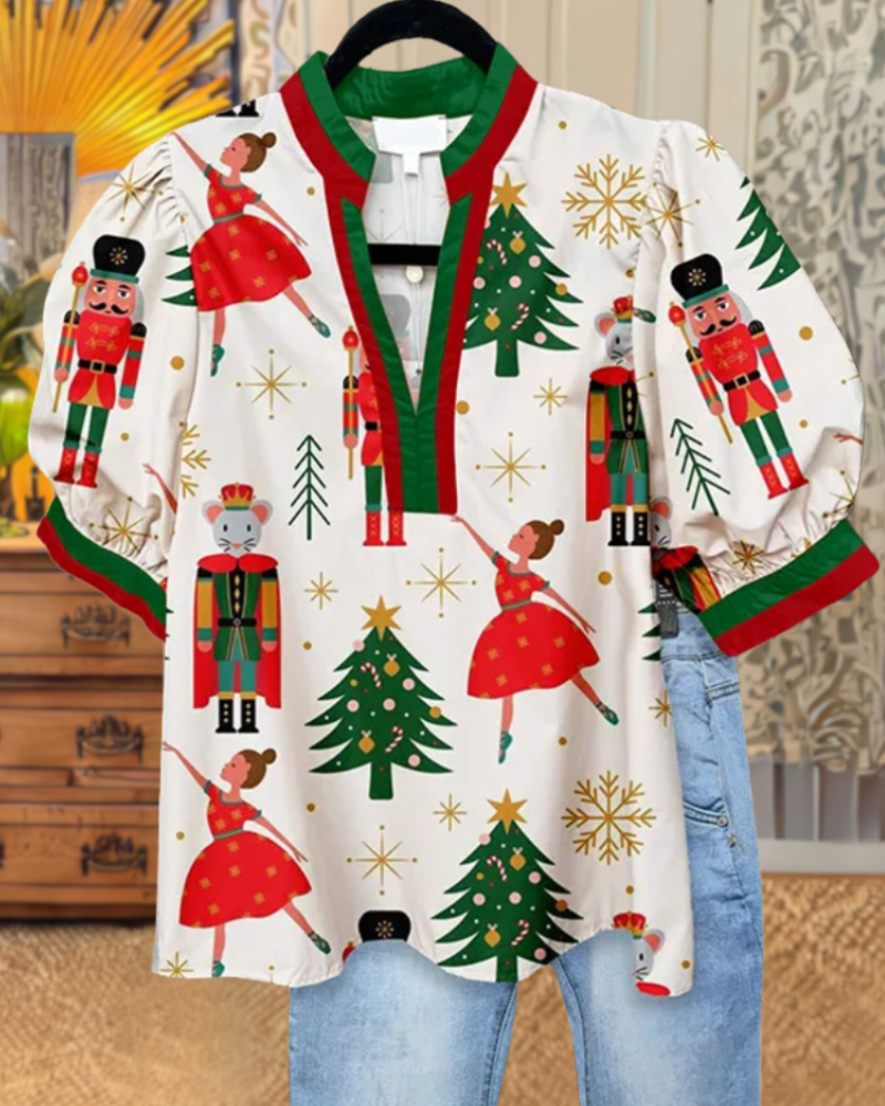 Christmas Themed Contrast Satin Top