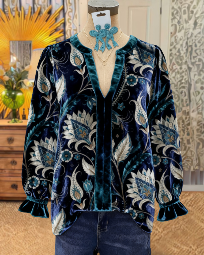Retro Floral Velvet V-neck Top