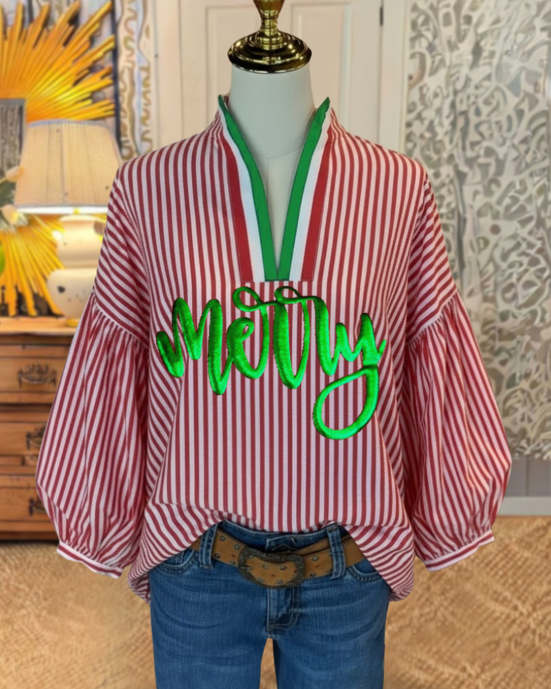 Merry Christmas Striped V-Neck Top