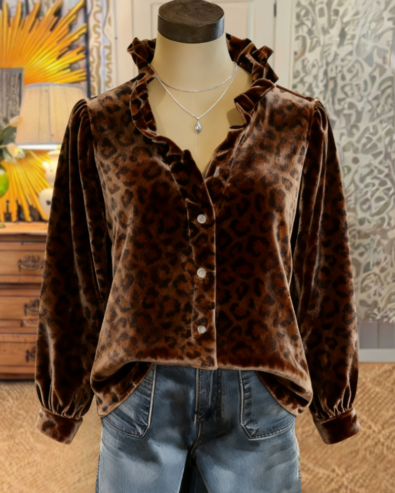 Leopard Velvet Ruffled Blouse
