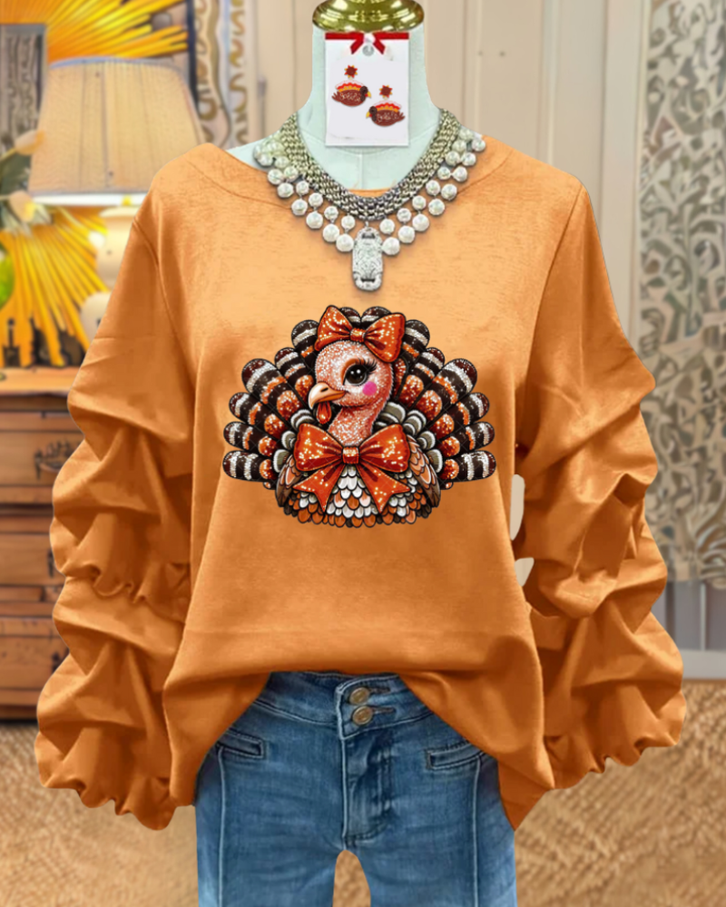 Playful Turkey Ruffle Sleeve Top