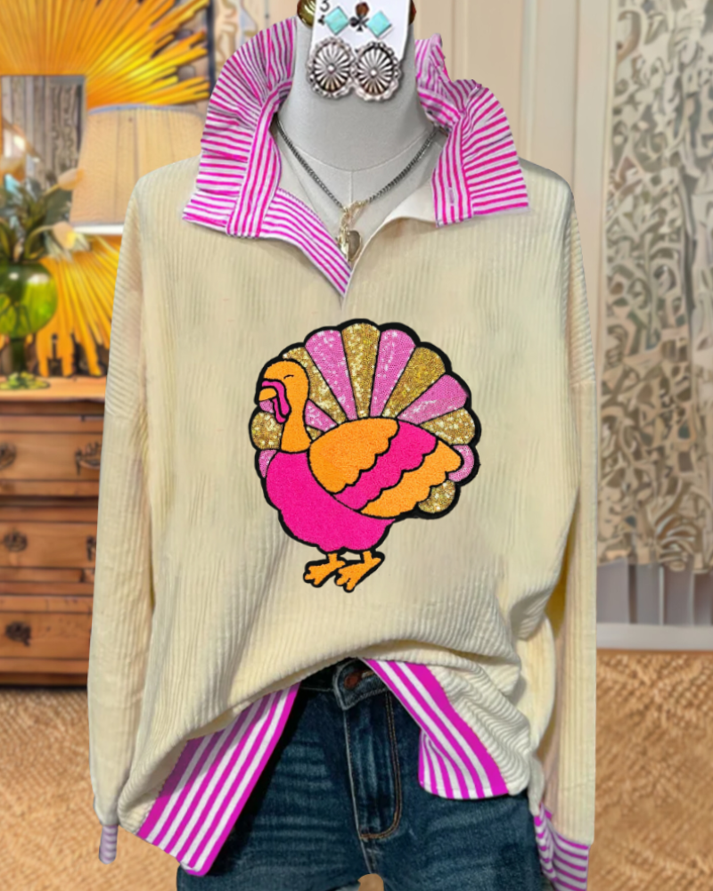 Fun Turkey Sequined Ribbed Top