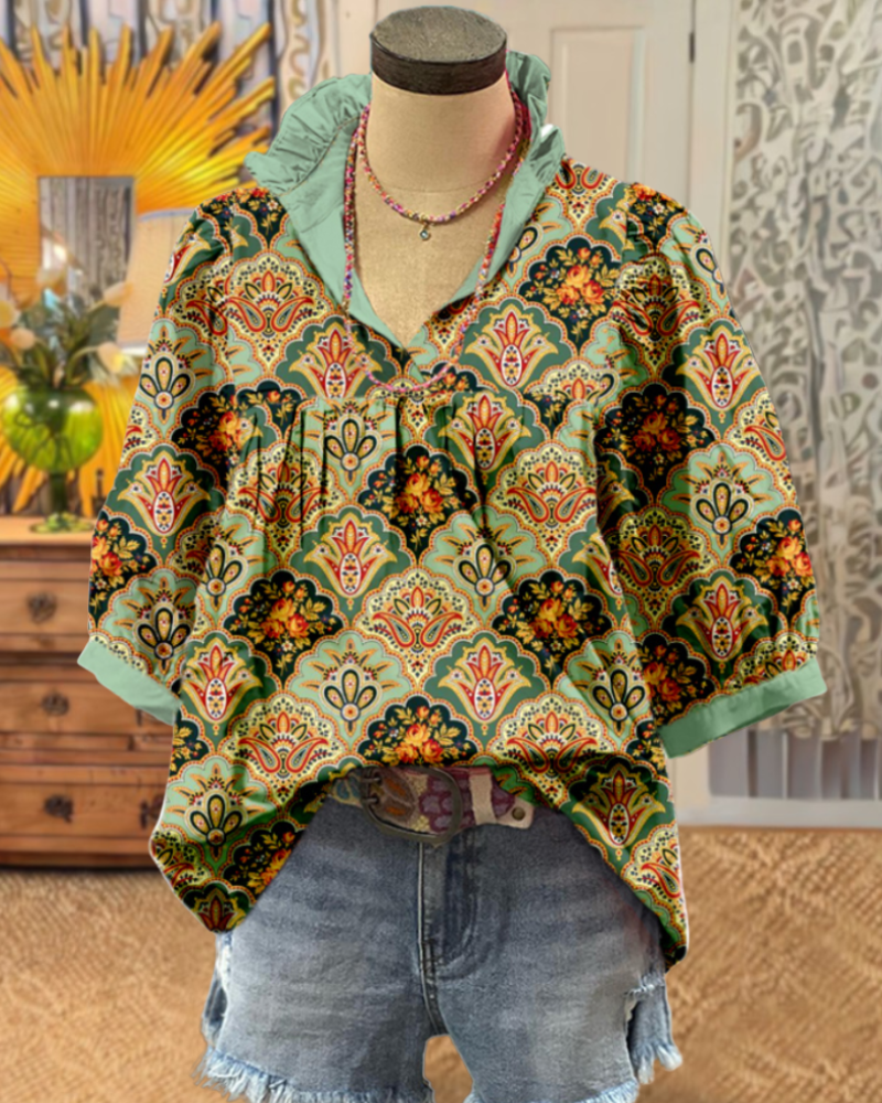 Floral Ruffle V-Neck Top