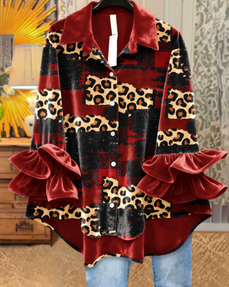 Chic Leopard Ruffled Velvet Blouse