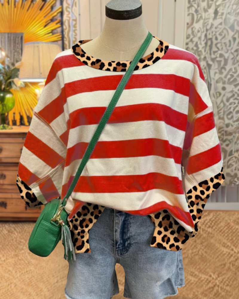 Oversized Leopard Trim Striped T-Shirt
