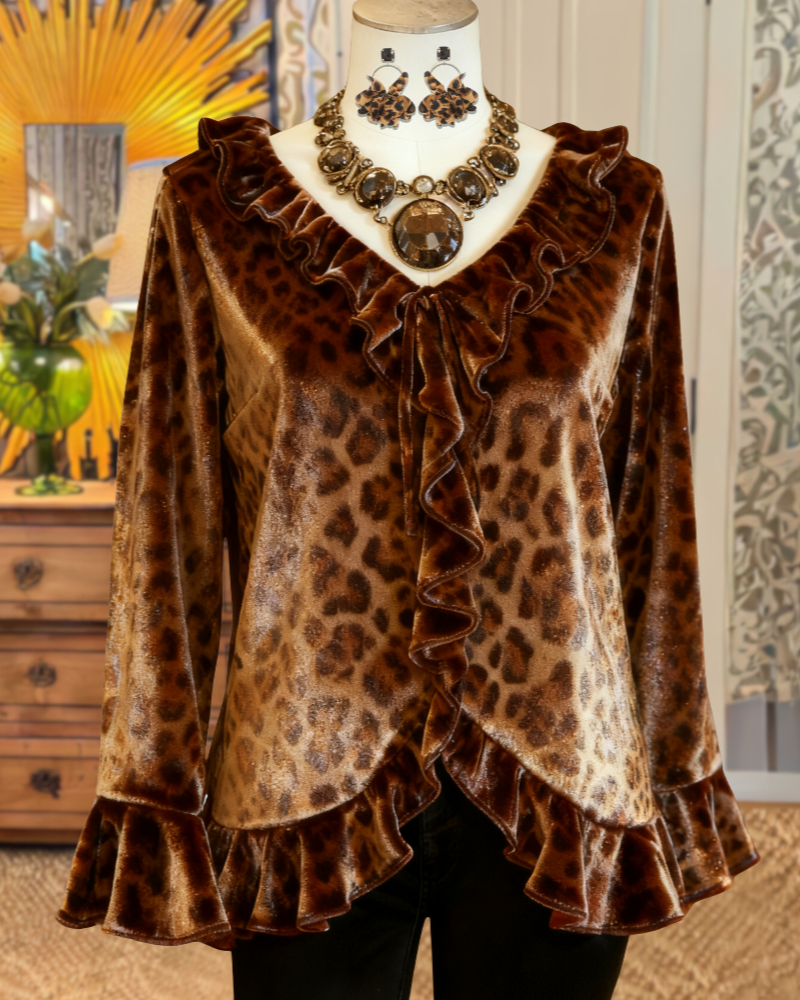Retro Leopard Velvet Ruffle Top