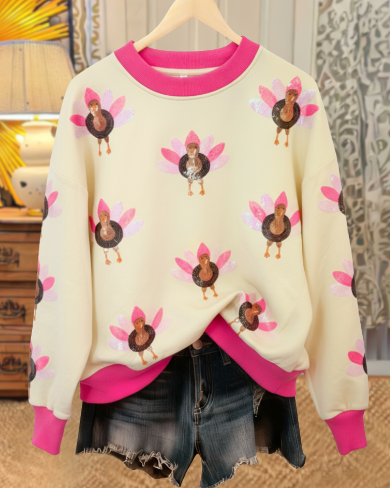 Playful Turkey Sequin Pullover