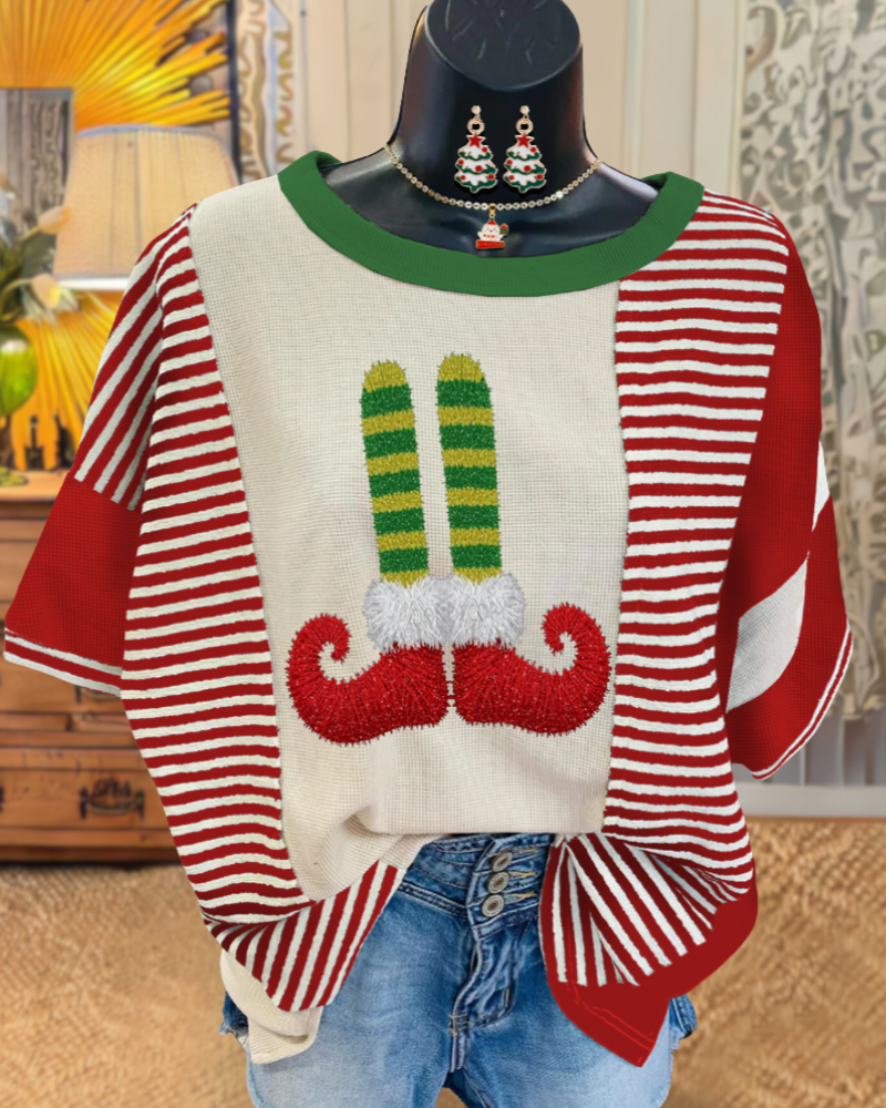 Christmas Elf Embroidered Striped T-shirt