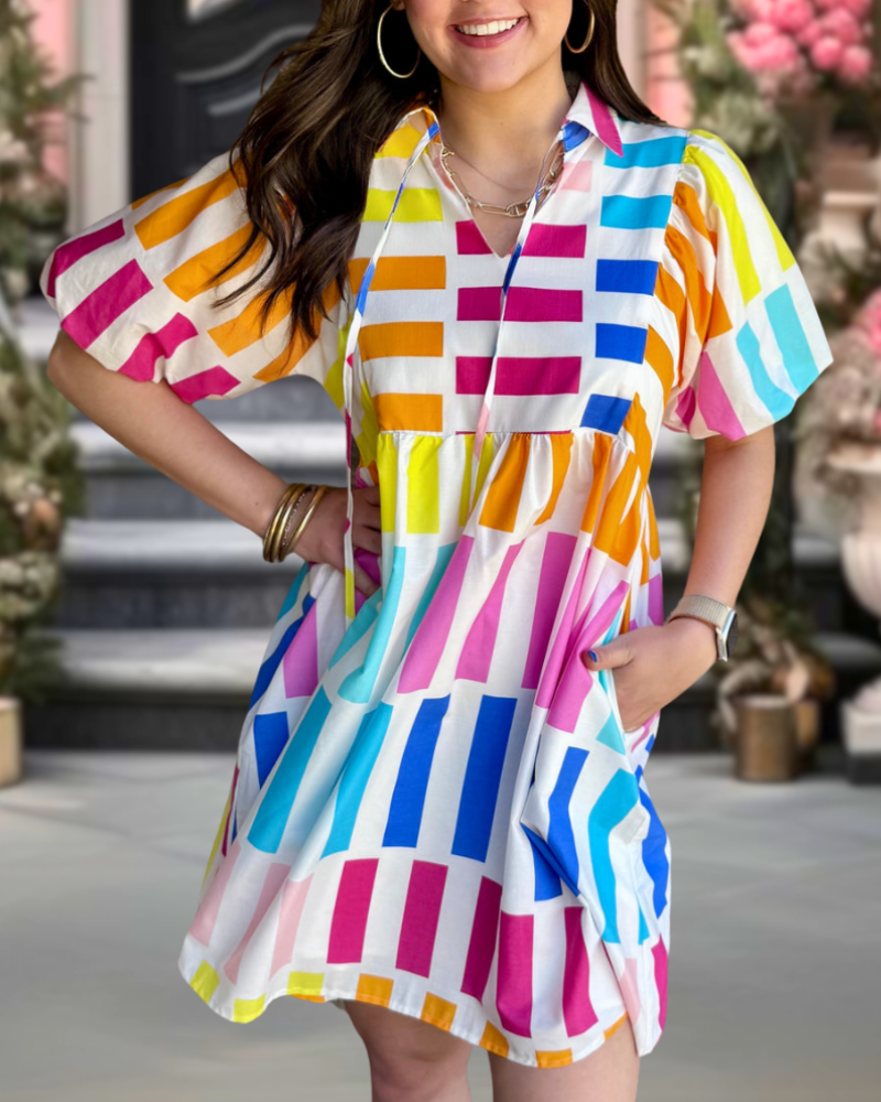 Playful Rainbow Check Satin Dress