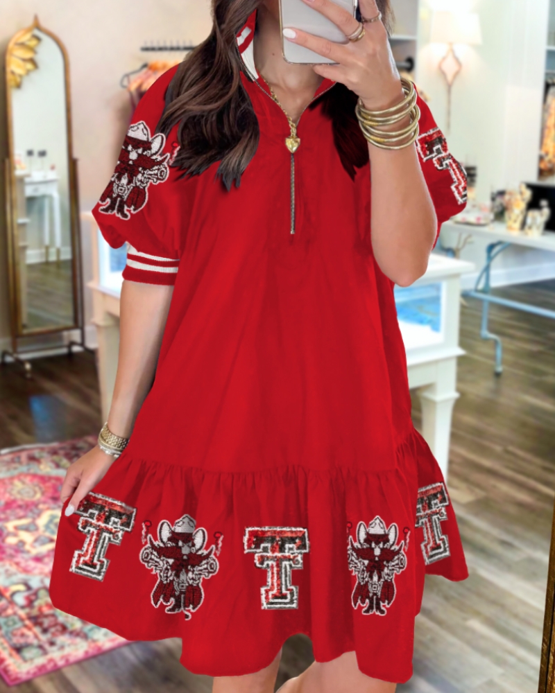 Texas Tech Mascot Sequined Half-Zip Dress