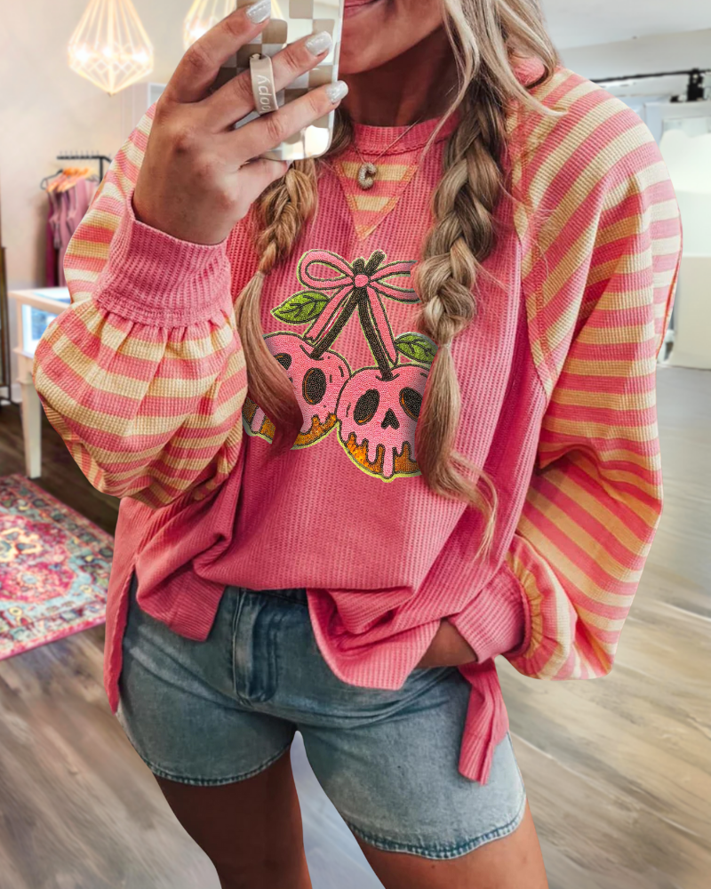 Cherry Skull Stripe Ribbed Sweatshirt