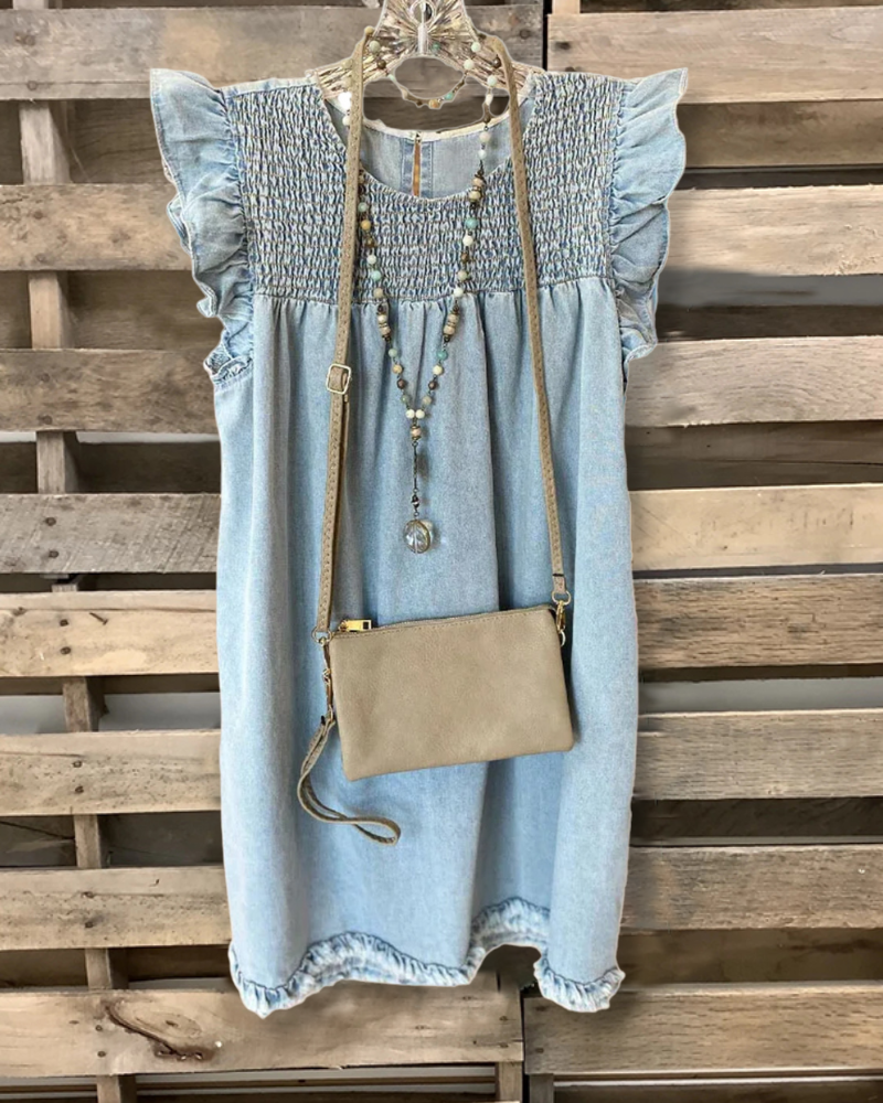 Smocked Washed Raw Edge Denim Dress