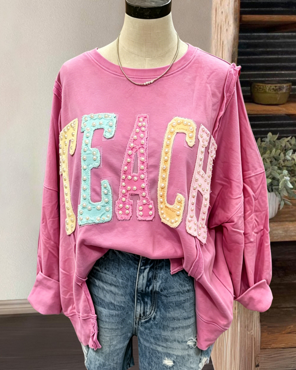 TEACH Embroidered Beaded Patch Pullover