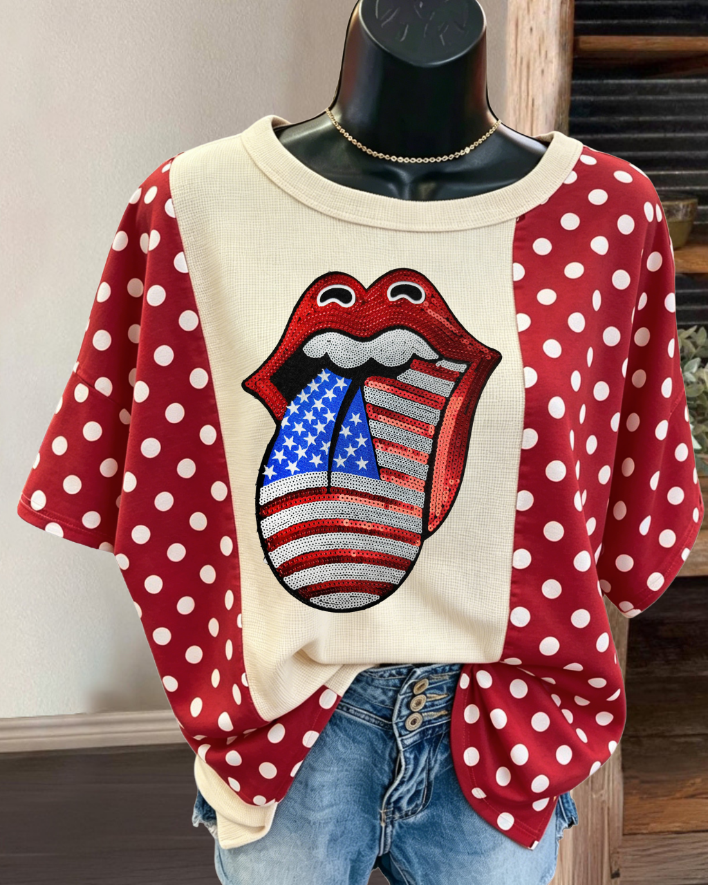 Flag-sequin Tongue Polka-dot top