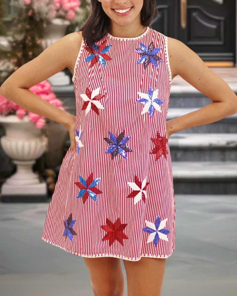 Striped Windmill Tie Sequins Dress