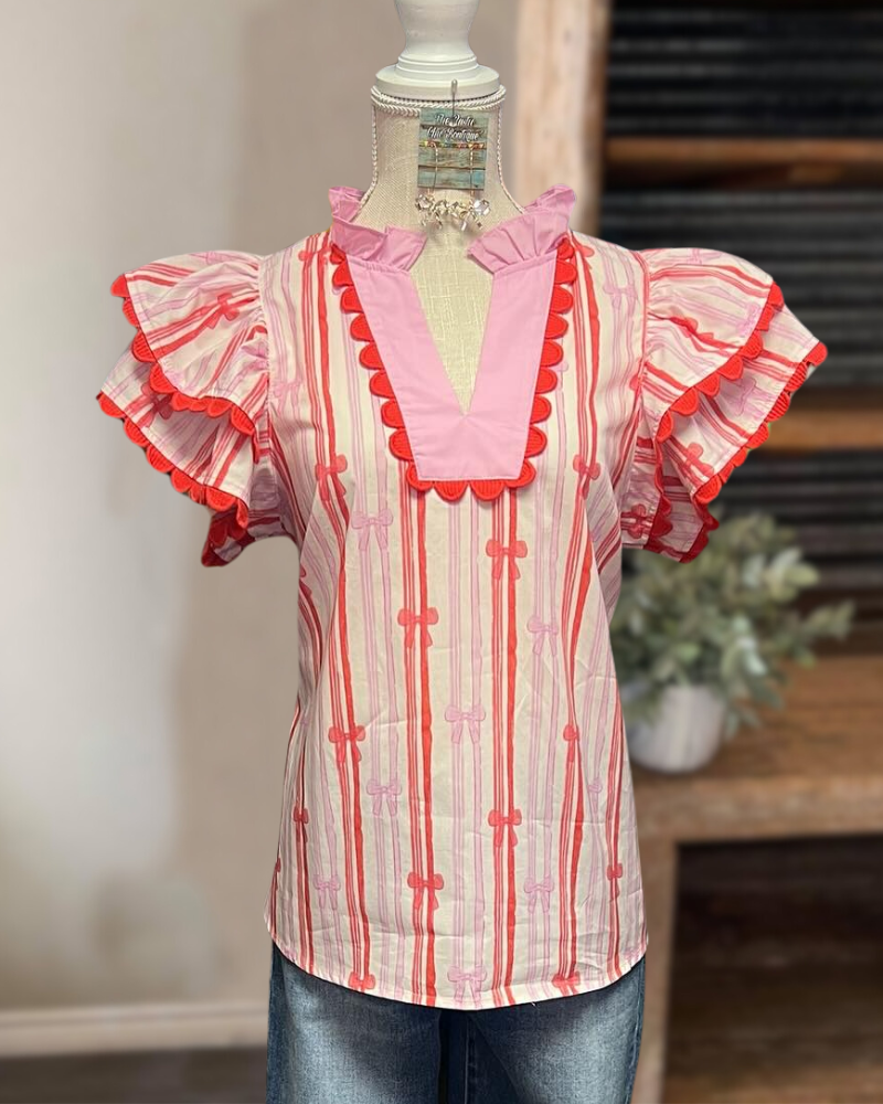 Pink Bow Flutter Sleeve Top