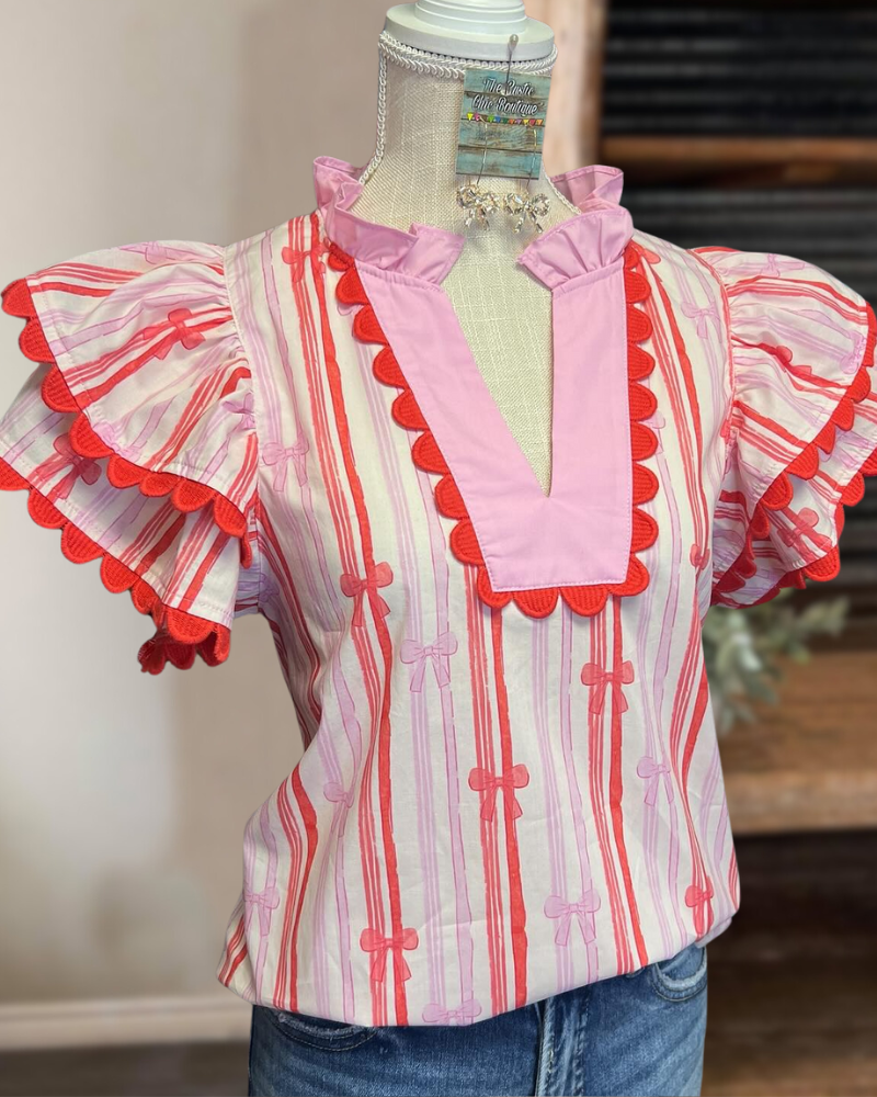 Pink Bow Flutter Sleeve Top