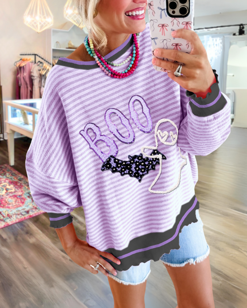 Cute Halloween BOO Ghost Bat Striped Sweatshirt