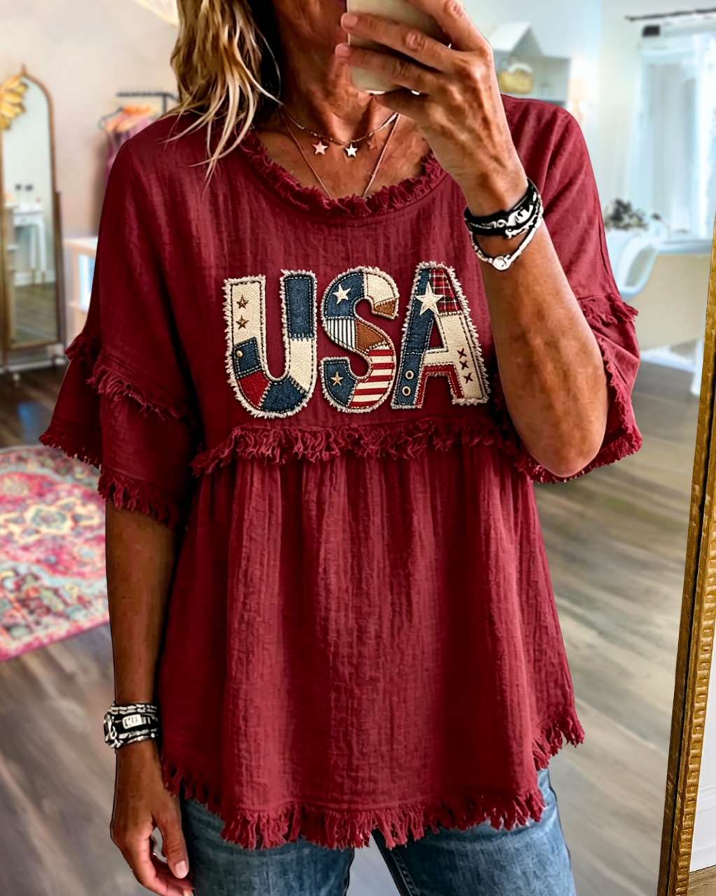 USA Embroidered Raw-Edge Top