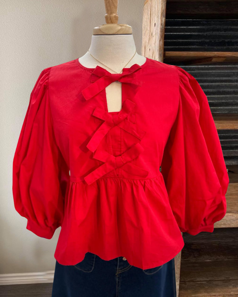 Puff Sleeve Ruffle Bow Top