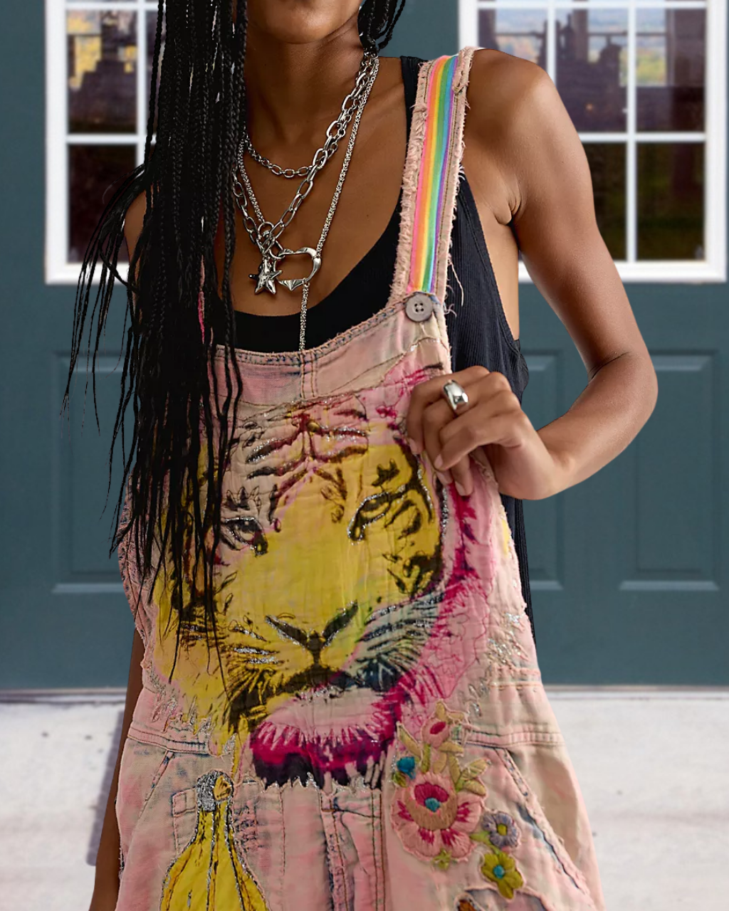 Tiger Floral Distressed Washed Overalls