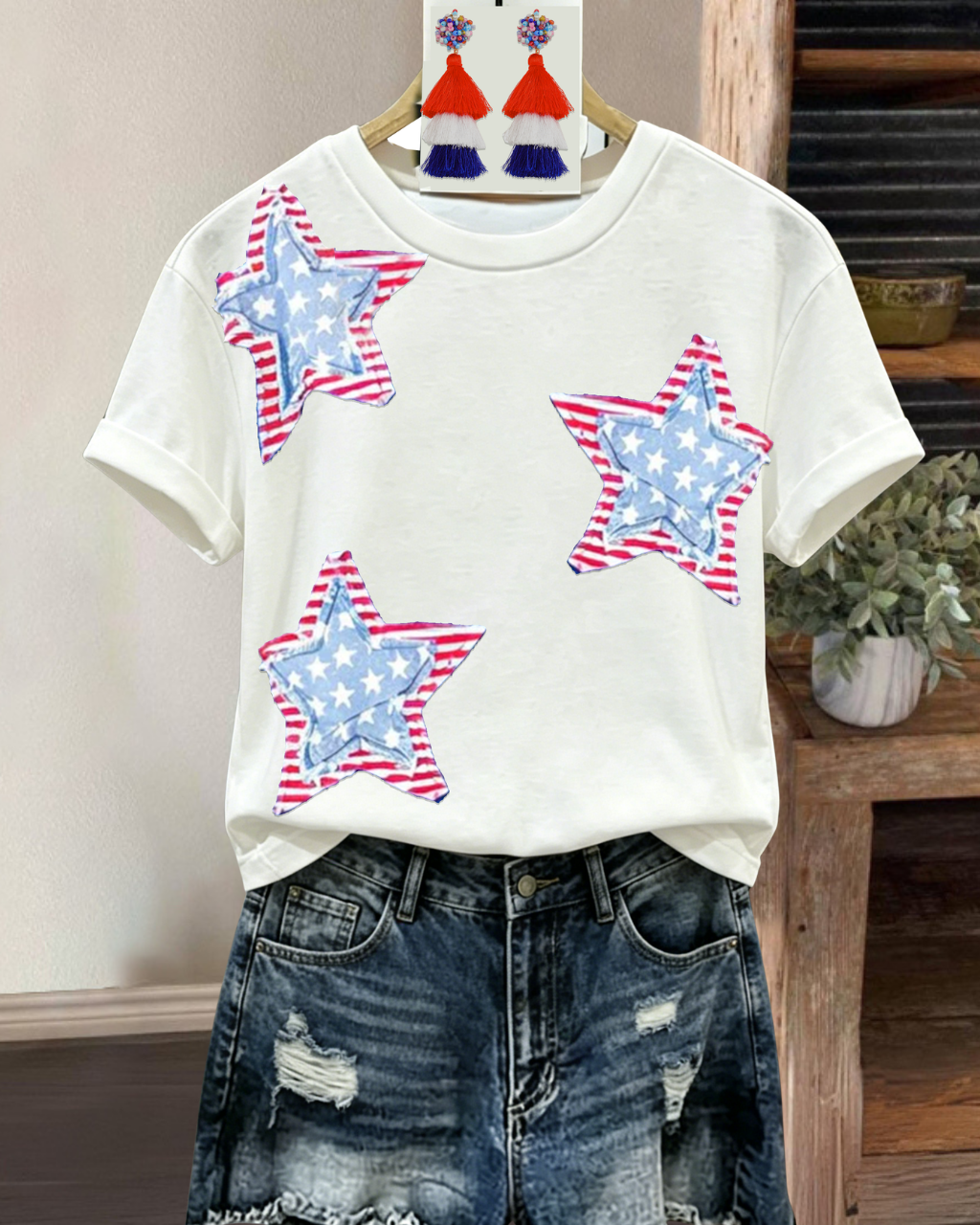 Striped Star Appliqué T-shirt