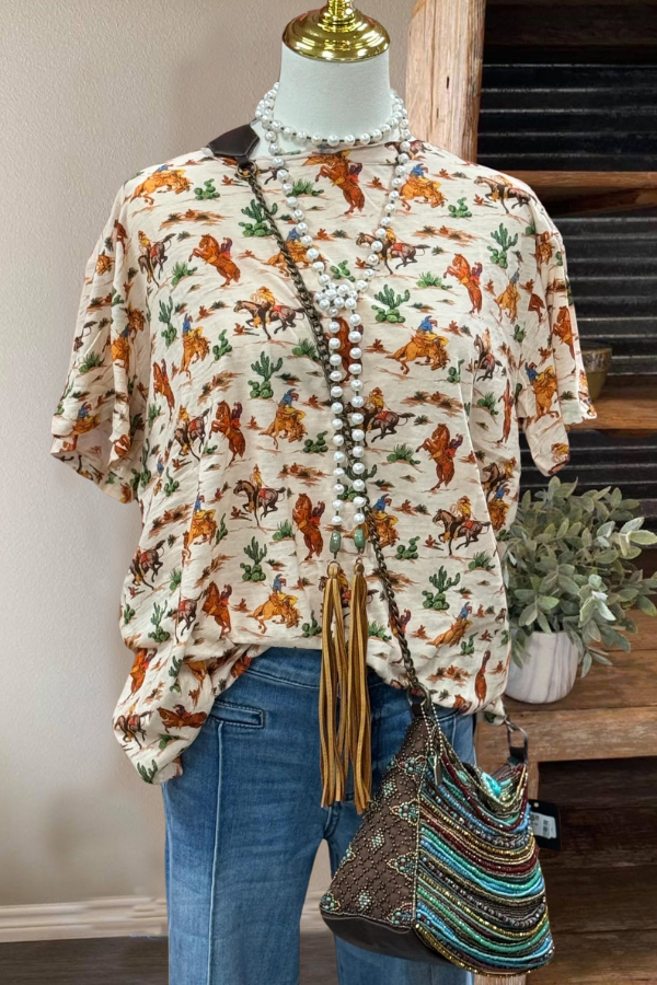 Western Cowboy Riding Print Top