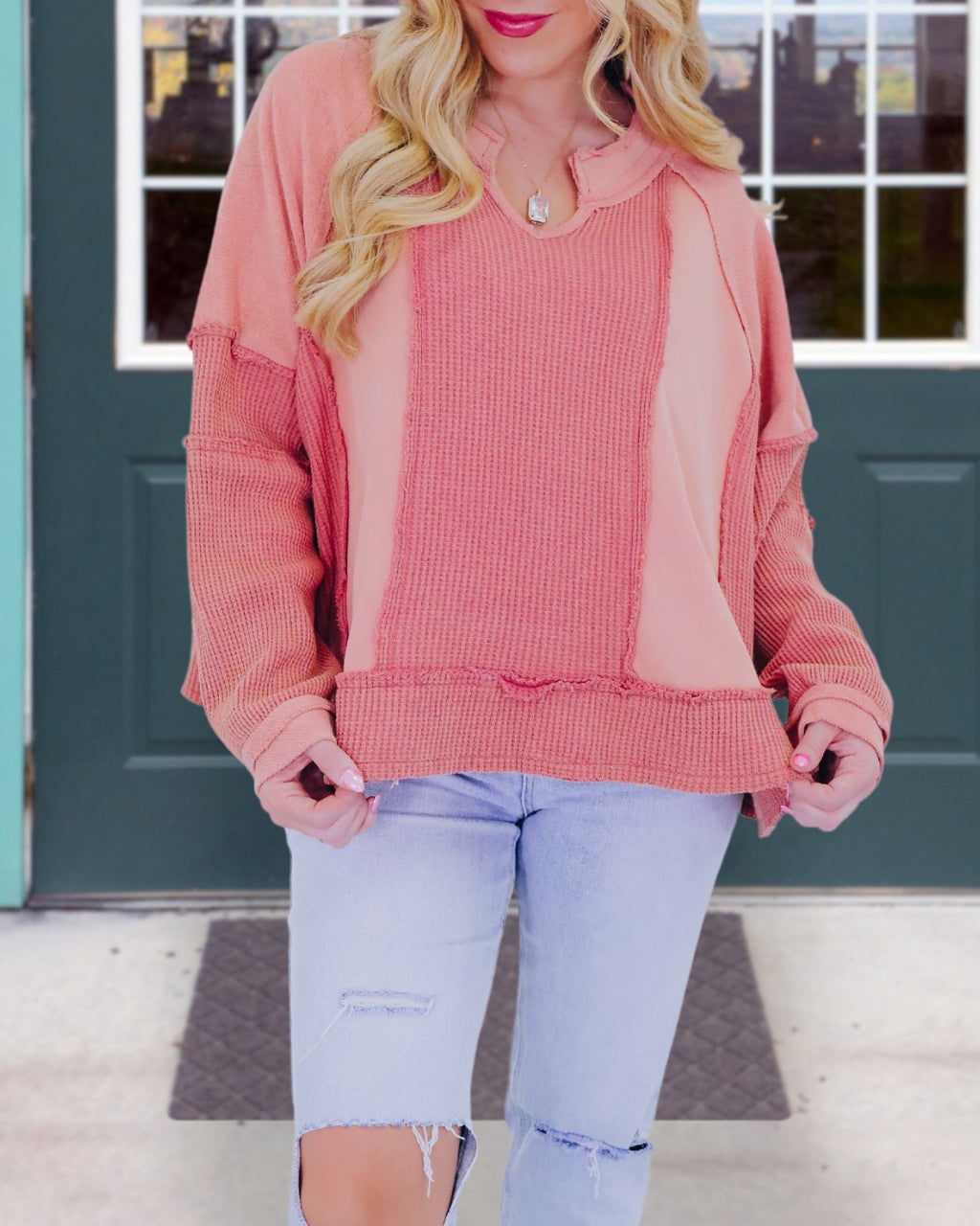 Color Block Waffle Oversized Pullover