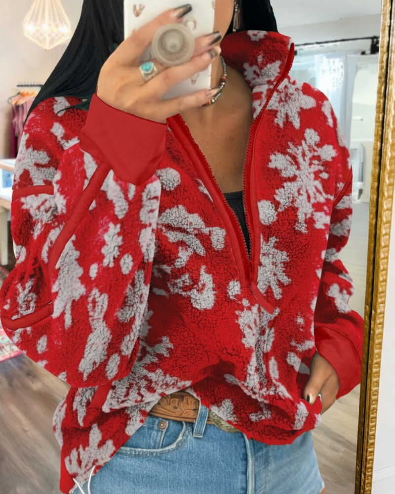 Festive Snowflake Print Fleece Pullover