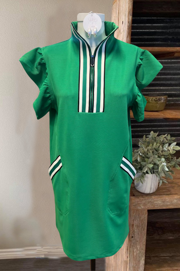 Ruffle Sleeve Striped Half-Zip Dress