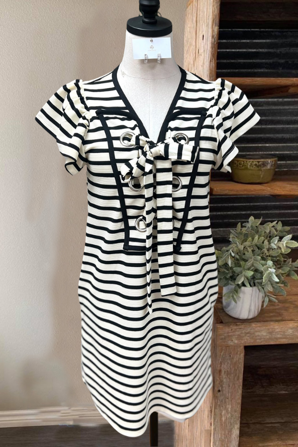 Chic Bow Detail Striped Mini Dress