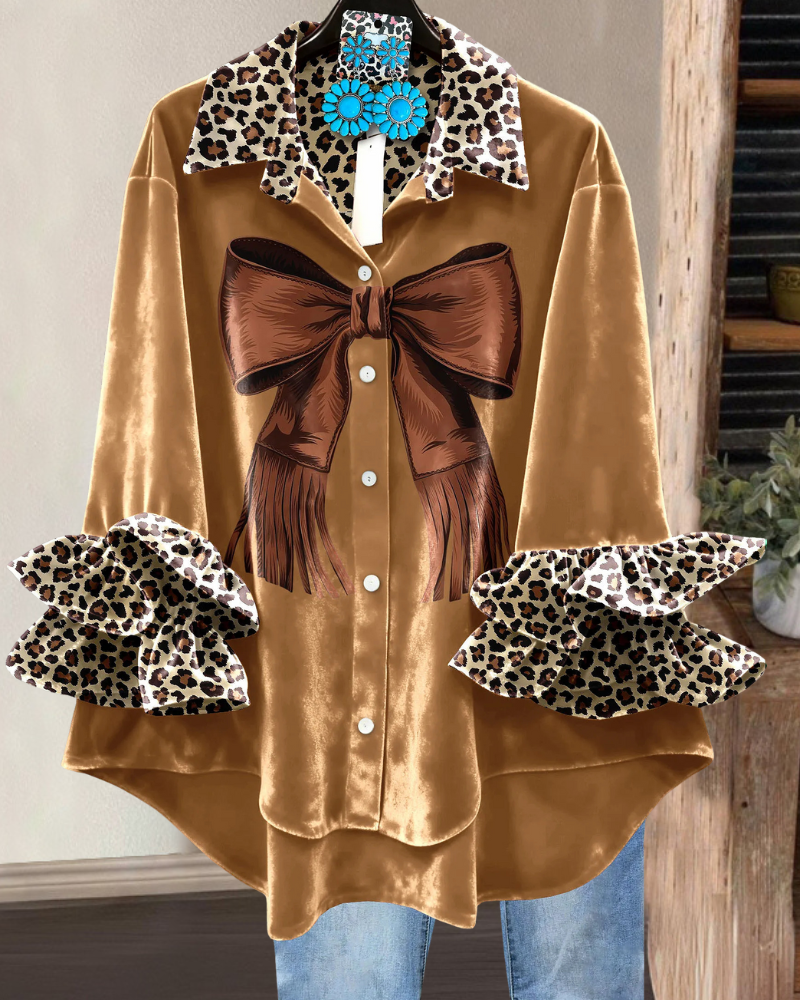 Leopard Bow Ruffle Velvet Blouse