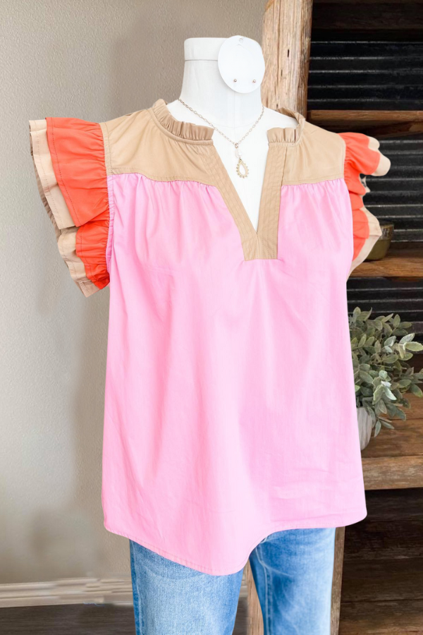 Pink Color Block Placket Top