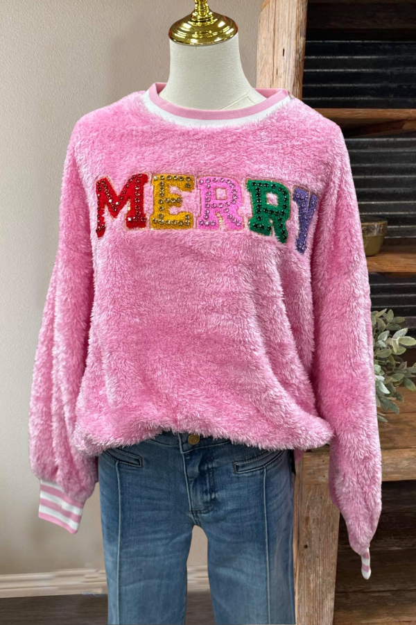 MERRY Rhinestone Plush Sweatshirt