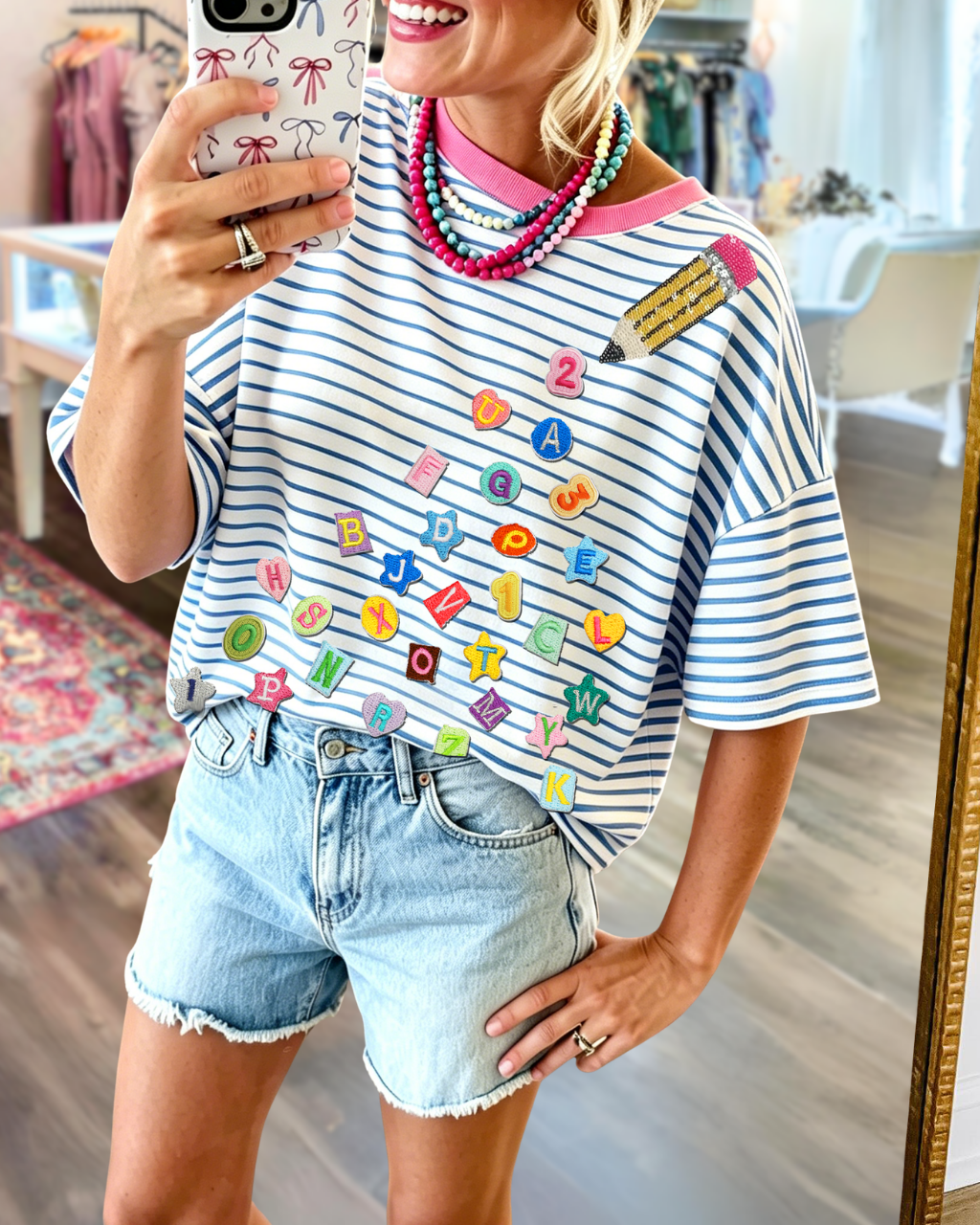 Pencil Sequined Letter Embroidered Striped Tee